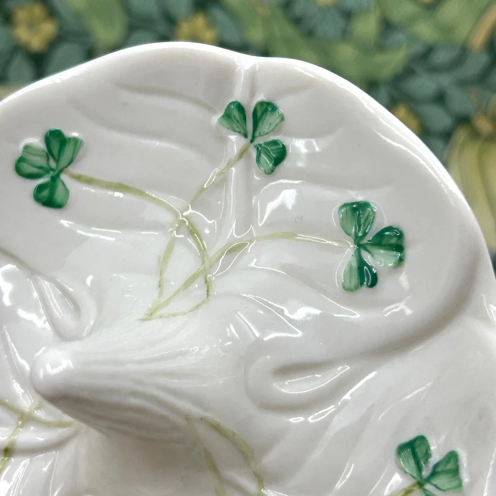 Belleek Ireland Porcelain Clover Ring Dish Green Creme Fine Porcelain Gift